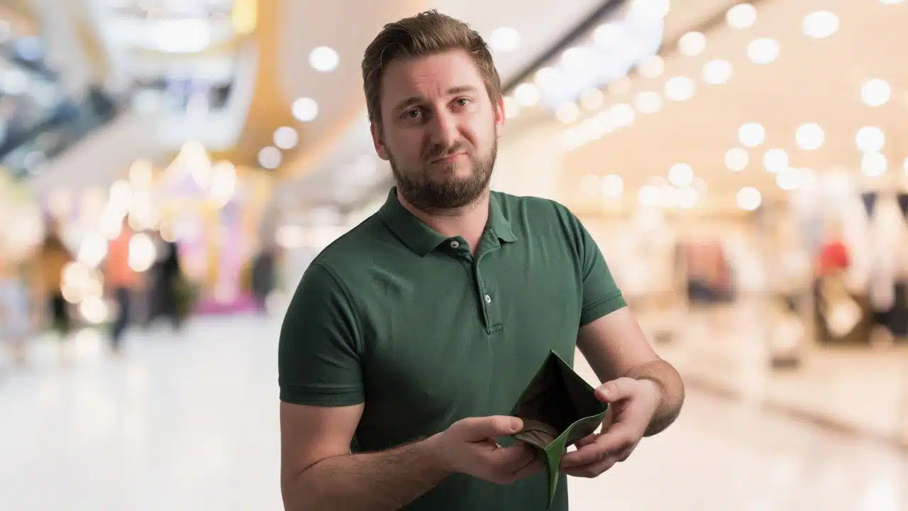 man showing empty wallet